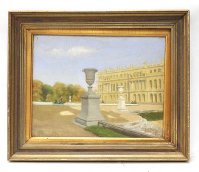 an oil painting of a building with a fountain in front of it
