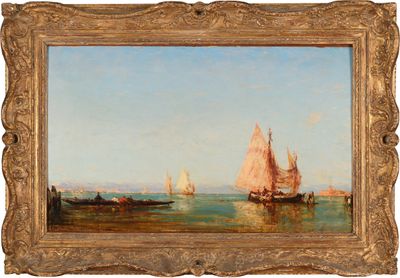 une peinture à l'huile représentant des bateaux sur un plan d'eau, avec le ciel en arrière-plan