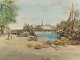 un tableau représentant une scène fluviale avec des bateaux sur l'eau