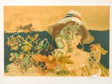 une image représentant un tableau où l'on voit une femme portant un chapeau et tenant une fleur