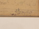 drawing of a man and a dog on a beach with a boat in the background