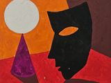 a painting of a man with a black mask and a purple cone