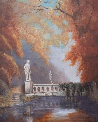 painting of a painting of a man on a bridge in the middle of a park