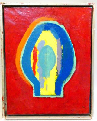 an abstract painting of a woman ' s face in a red, blue, and yellow frame