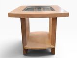 a wooden table with a glass top on a white background