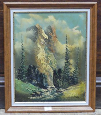 an oil painting of a mountain scene with pine trees in the foreground