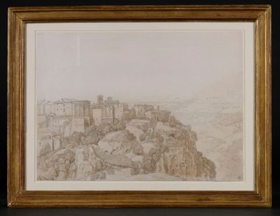 dessin représentant un château situé sur une colline, avec une montagne en arrière-plan