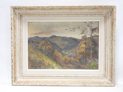 an image of a painting of a mountain scene with trees in the foreground
