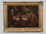une peinture à l'huile représentant un groupe de personnes assises autour d'une table