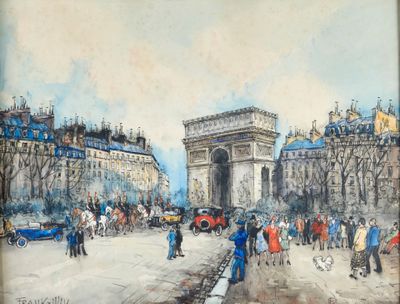 tableau représentant une scène de rue avec des personnes et des voitures