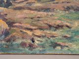 a painting on the wall of a room with a painting of a man sitting on a rock