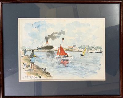 framed watercolor painting of a sailboat on the water with a lighthouse in the background