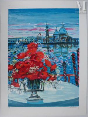 une peinture de fleurs rouges dans un vase sur une table