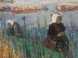 une peinture à l'huile représentant deux femmes dans un champ près d'un plan d'eau