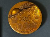 a gold medal on a black table with a cell phone