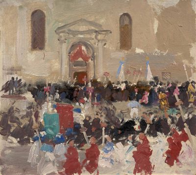 an oil painting of a crowd of people in front of a church