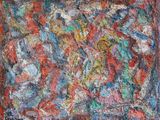 an abstract painting of a red square with many different colors