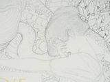 drawing of a woman sitting on a bench in a garden with flowers