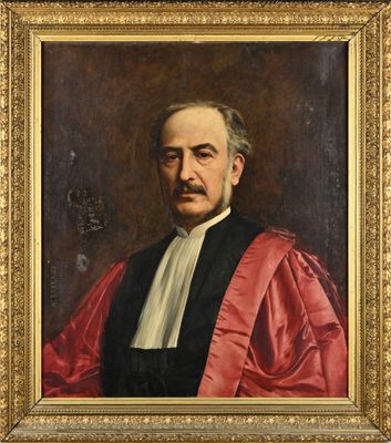 un tableau représentant un homme vêtu d'une robe rouge et portant une moustache