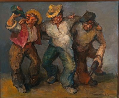 tableau représentant trois hommes en chapeau et cravate dansant en groupe