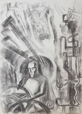 dessin représentant une femme assise sur une chaise devant un miroir