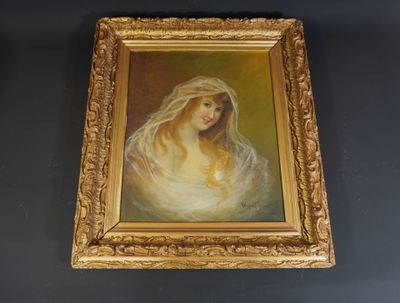 an oil painting of a woman with a veil in a gold frame