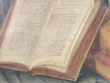 a painting of an open book and an apple on a table
