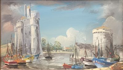 a painting of boats in a harbor with a castle in the background