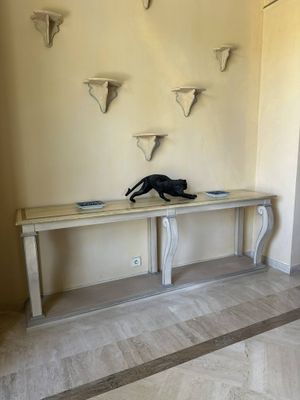 an image of a room with a table and a cat