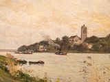 a painting of a river with a church in the background