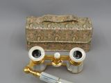 pair of antique brass - plated candlesticks and a case
