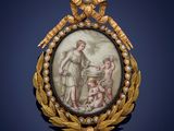 a gold and pearl broochee with a painting of a man and a woman