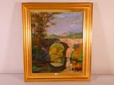 a painting of a man standing in front of a bridge