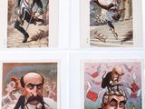 four political cartoon pictures of a man in a top hat and a man in a tuxedo and a man in a tuxedo