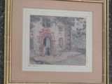 painting of a stone building with a doorway and a cat in the doorway
