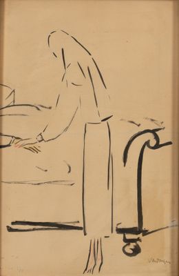 une image représentant le dessin d'une femme debout près d'un lit d'hôpital