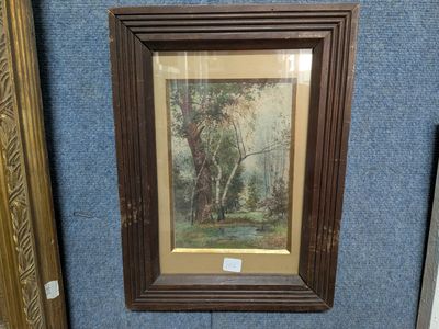 tableau encadré représentant un paysage boisé avec des arbres et un ruisseau