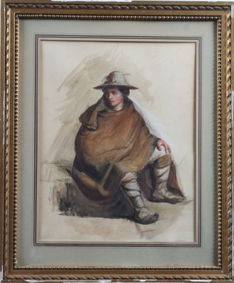 painting of a man sitting on the ground wearing a hat and scarf