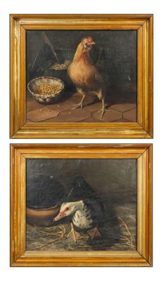 two paintings of chickens and a duck on a table