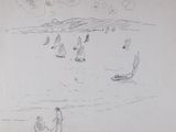 dessin d'une scène de plage avec des gens et des bateaux dans l'eau