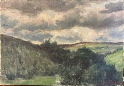 an oil painting of a landscape with trees and hills in the distance