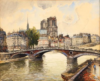 peinture d'un pont sur une rivière avec des bâtiments en arrière-plan