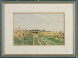 un tableau représentant un champ avec un chemin de terre au premier plan