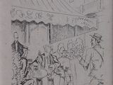 drawing of a group of people sitting at a table in front of a store