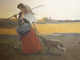 un tableau représentant une femme armée d'une épée dans un champ parsemé de moutons