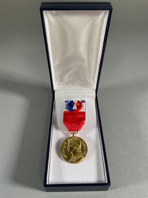 an image of a medal in a box with a ribbon around it