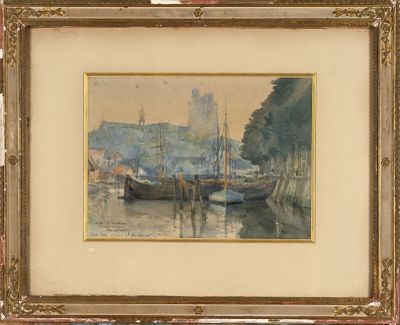 an image of a painting of boats in a harbor with a castle in the background