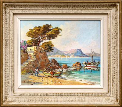 an image of a painting of a beach scene with boats in the water