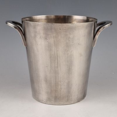 silver plated ice bucket with two handles and handles