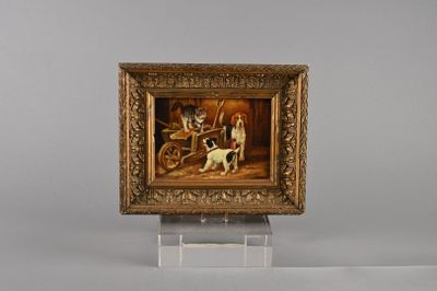 une image représentant un tableau sur lequel figurent un homme avec un chien et un homme dans une calèche